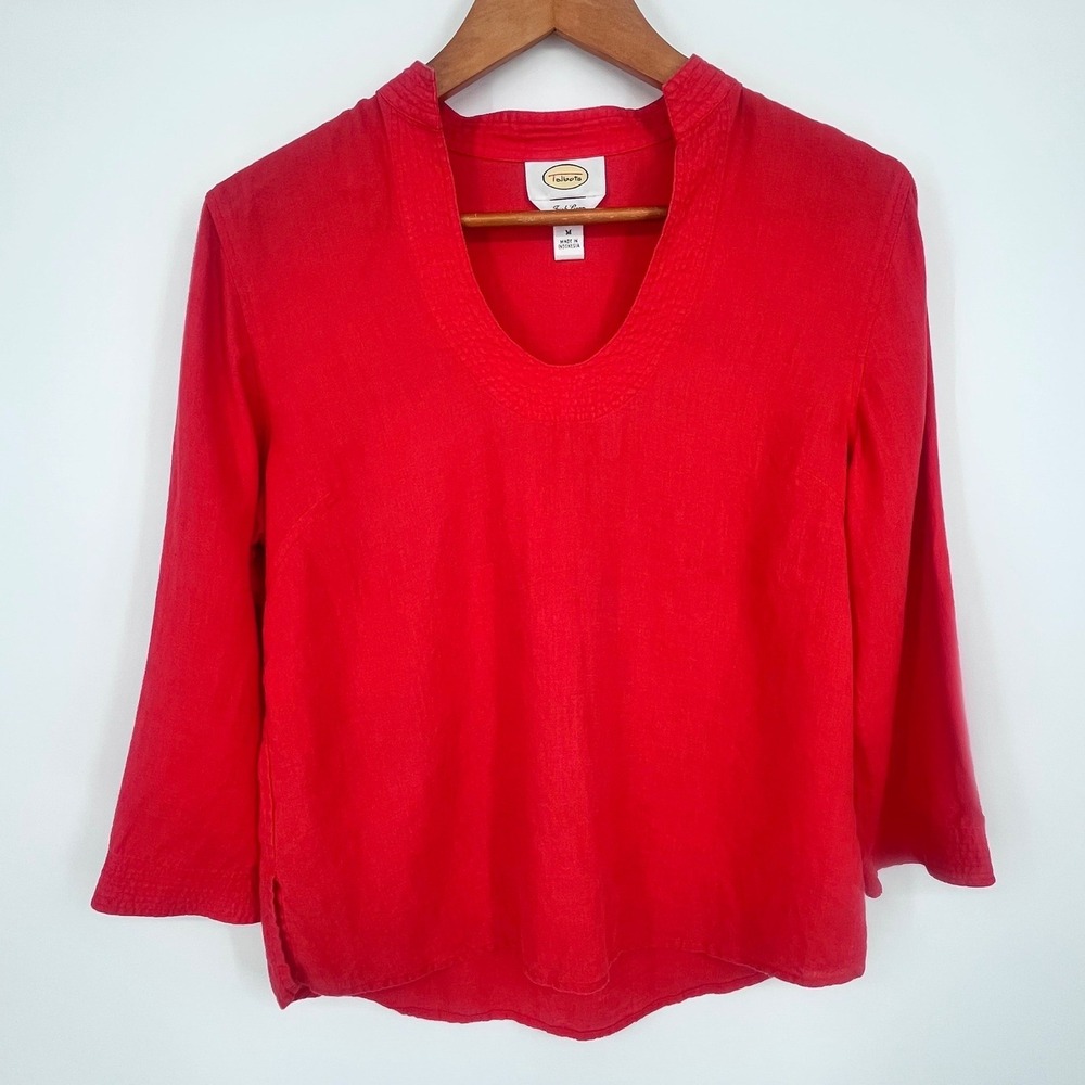 Vintage Talbots Irish Linen 3/4 Sleeve Top Medium Red/Orange Coastal Resortwear